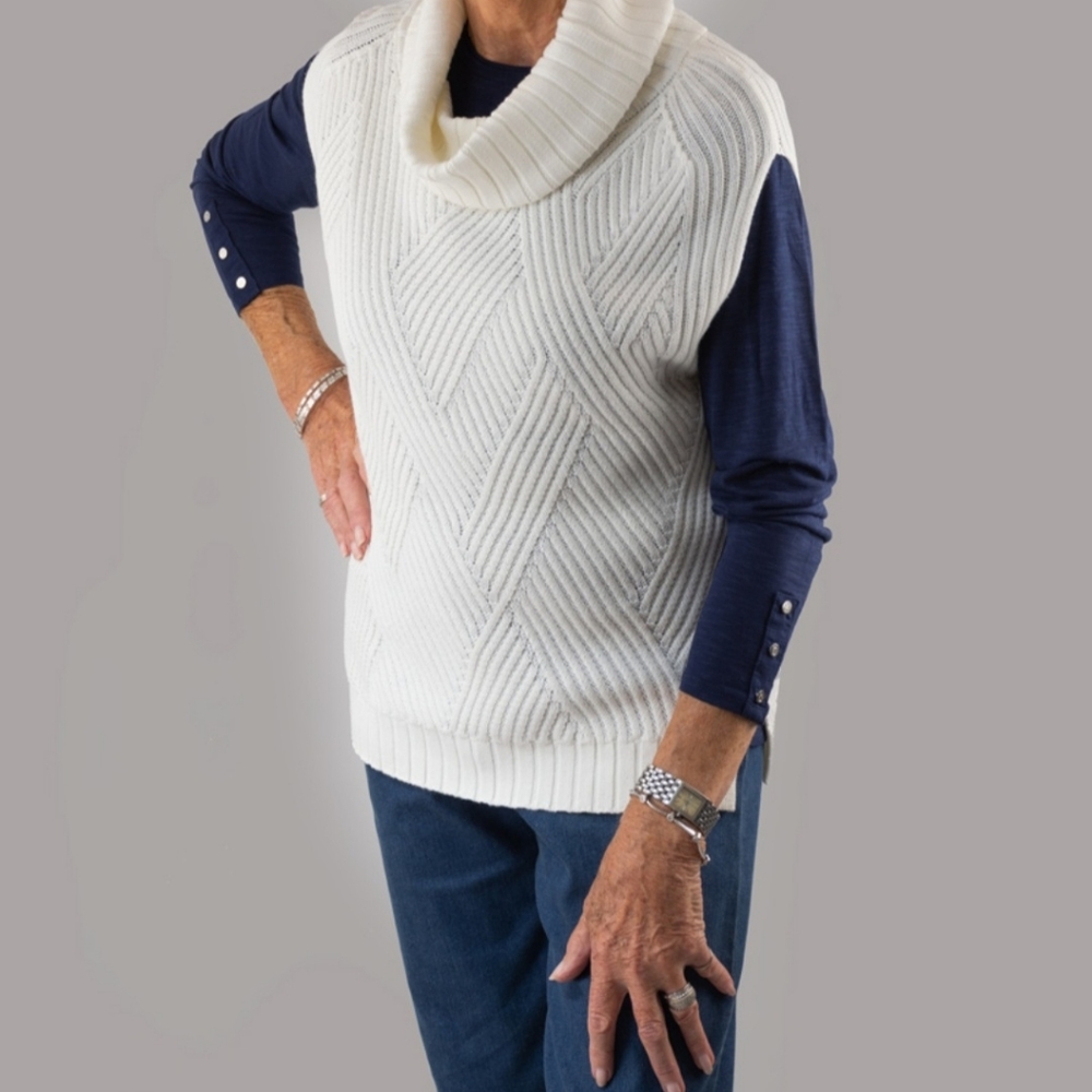 Marble Cream Cable Knit Sweater Vest With Cowl Neck MED